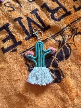 Handmade Cactus Tassel Keychain in Teal & White with Pink Accents